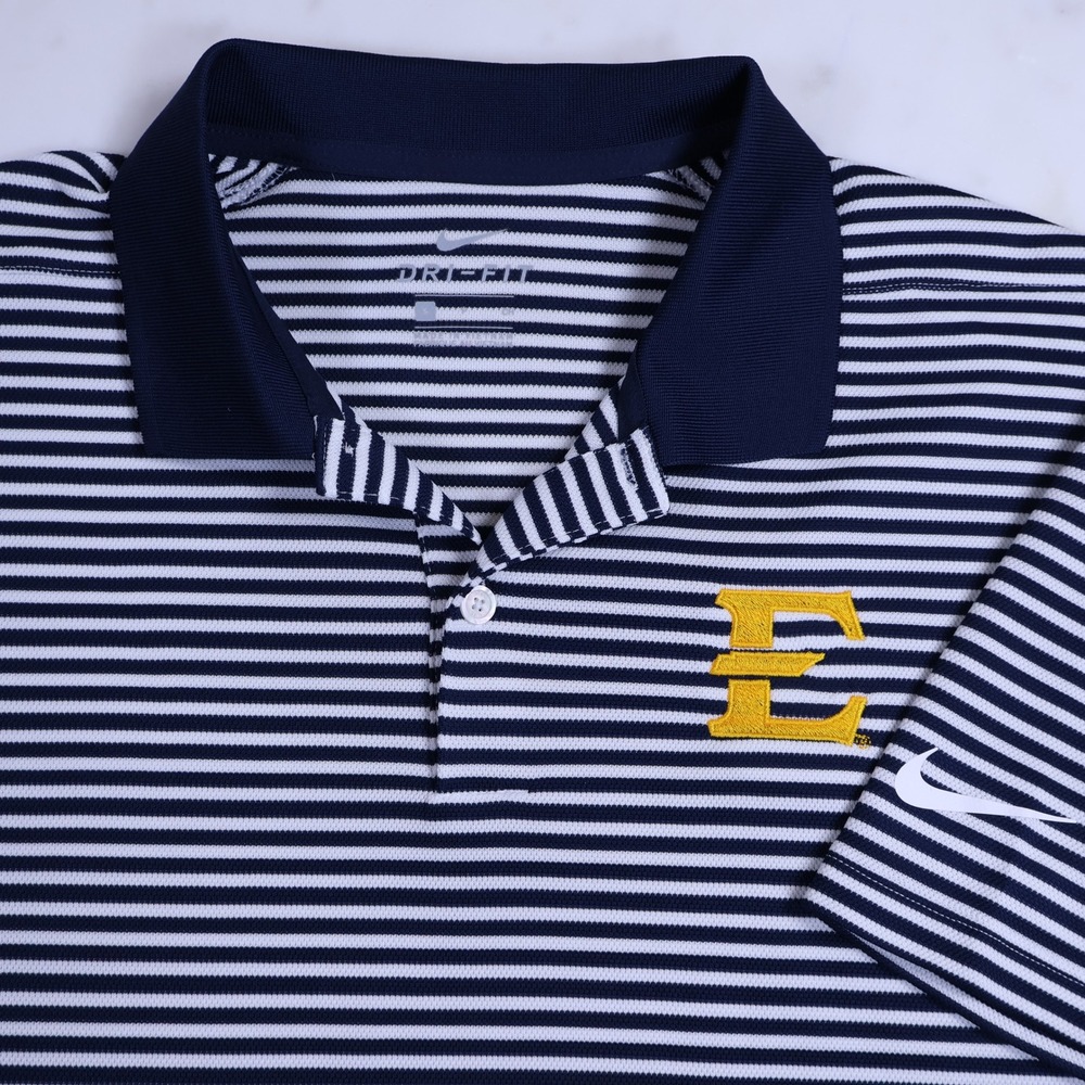 Nike Dri-FIT Mens Small ETSU Eastern Tenn Navy/White Stripe Polo Embroidered
